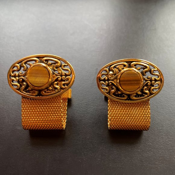 Other - Gold Mess Cufflink with Oval Filigree Shape/Round Tiger Stone - Vintage 1970's